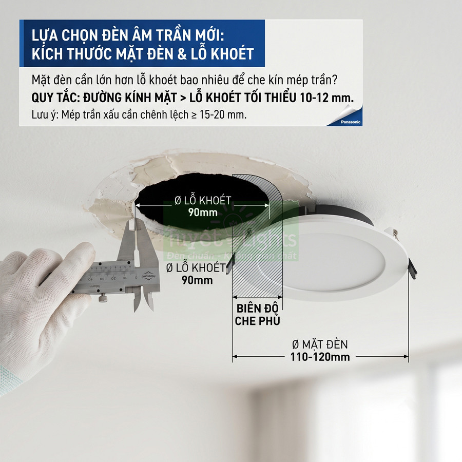 Hướng dẫn đo lỗ khoét và chọn kích thước đèn âm trần Panasonic để che kín mép trần