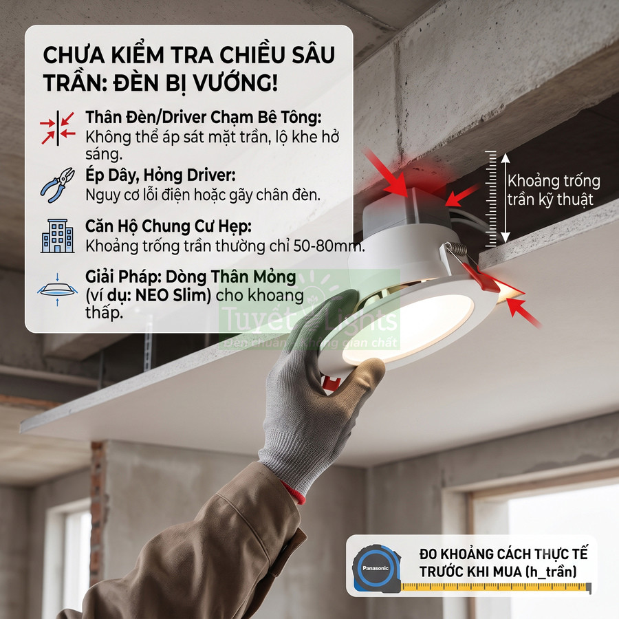 Thợ lắp đặt đèn âm trần Panasonic bị vướng trần bê tông trong căn hộ trần thấp