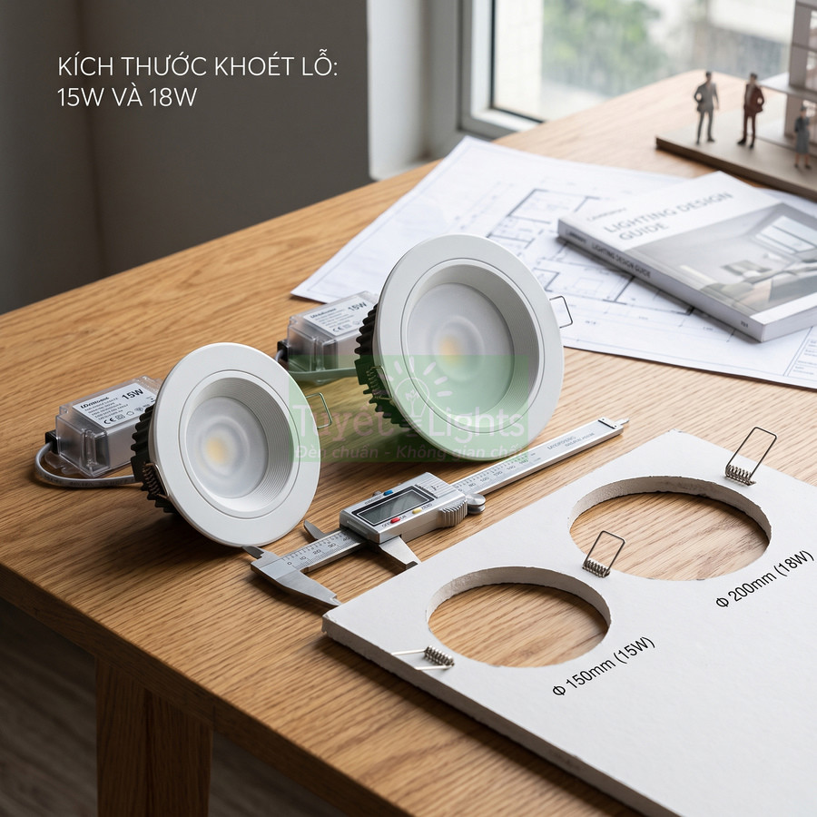 Đèn downlight âm trần 15W và 18W trên bàn gỗ kèm thước kẹp và bảng đo kích thước khoét lỗ