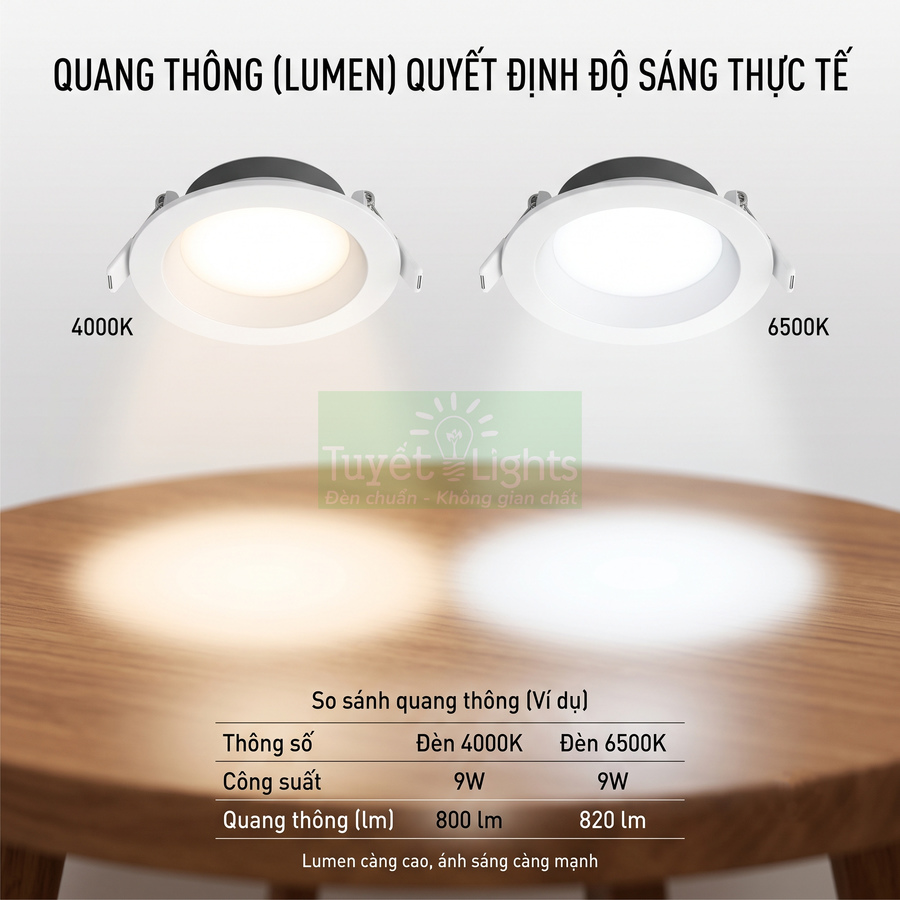 Đèn downlight âm trần Tuyết Lights so sánh độ sáng 4000K và 6500K trên mặt bàn gỗ