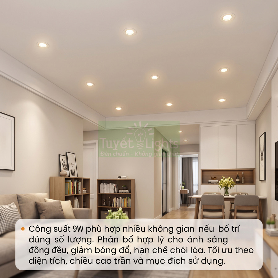 Đèn âm trần LED Tuyết Lights 9W chiếu sáng phòng khách và phòng ăn hiện đại, ánh sáng vàng dịu