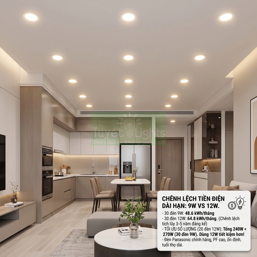 Đèn led âm trần Panasonic chiếu sáng phòng khách liền bếp hiện đại, ánh sáng vàng ấm tiết kiệm điện
