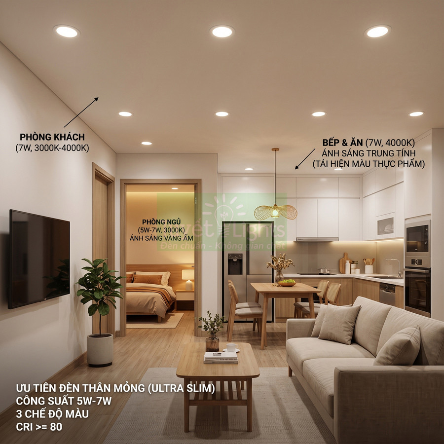 Đèn LED âm trần siêu mỏng 5W 7W chiếu sáng phòng khách bếp và phòng ngủ tông vàng ấm và trung tính