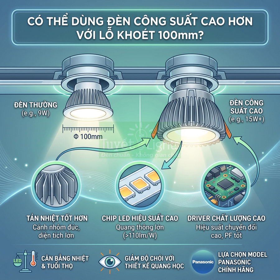 Đèn LED âm trần Panasonic công suất cao cho lỗ khoét 100mm với tản nhiệt, chip LED và driver chất lượng cao
