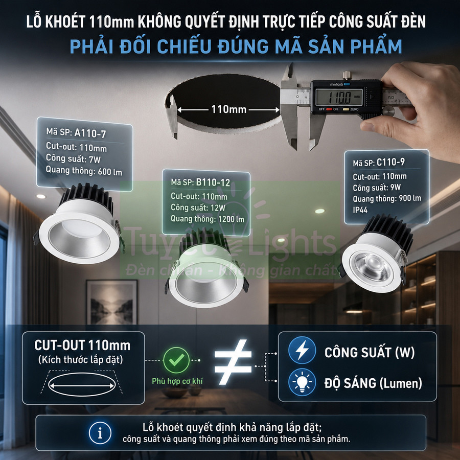 Đèn downlight âm trần Tuyết Lights lỗ khoét 110mm với các mã A110 7W, B110 12W, C110 9W và thông số quang thông