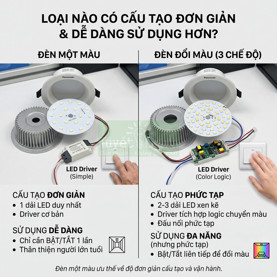 So sánh cấu tạo đèn LED âm trần Panasonic một màu và đèn LED đổi màu ba chế độ cùng driver