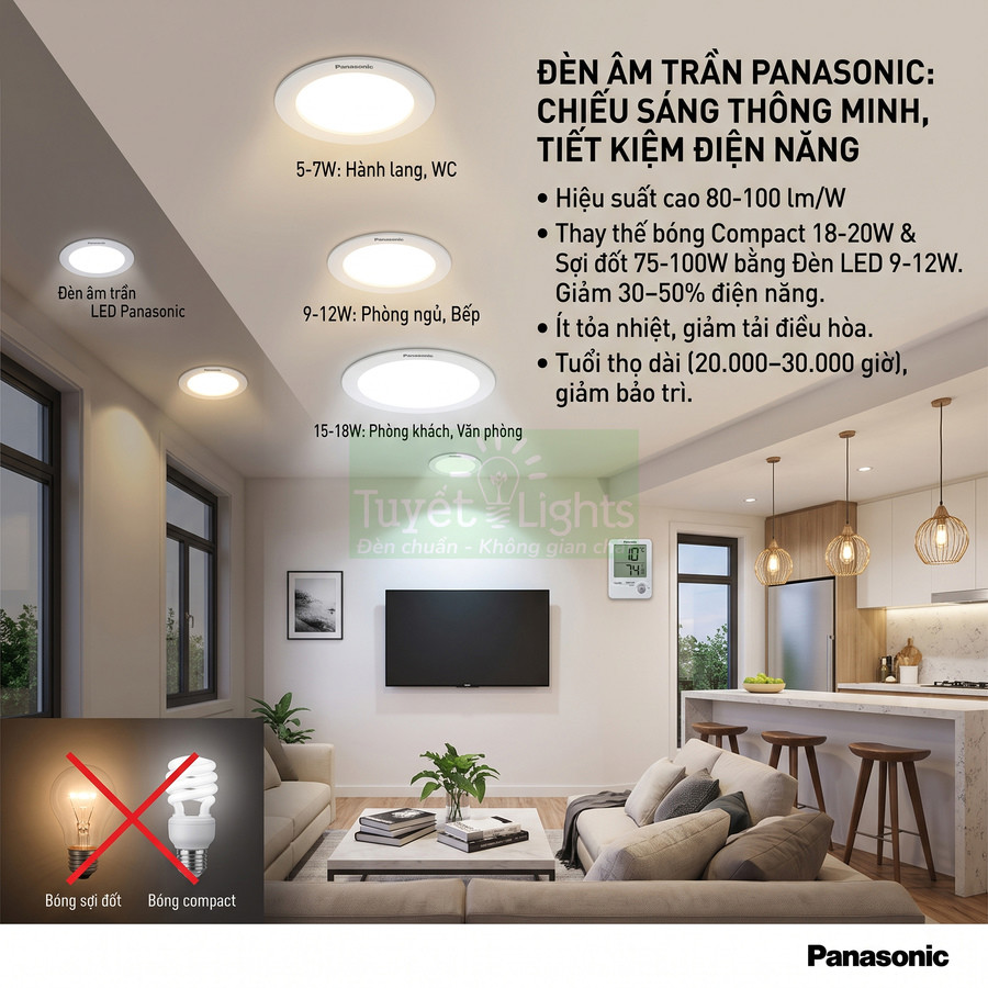 Đèn âm trần LED Panasonic chiếu sáng phòng khách hiện đại, tiết kiệm điện, thay thế bóng sợi đốt và compact