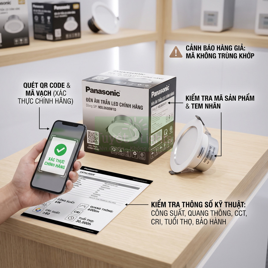 Đèn âm trần LED Panasonic chính hãng trên bàn, hộp sản phẩm và điện thoại quét mã QR xác thực
