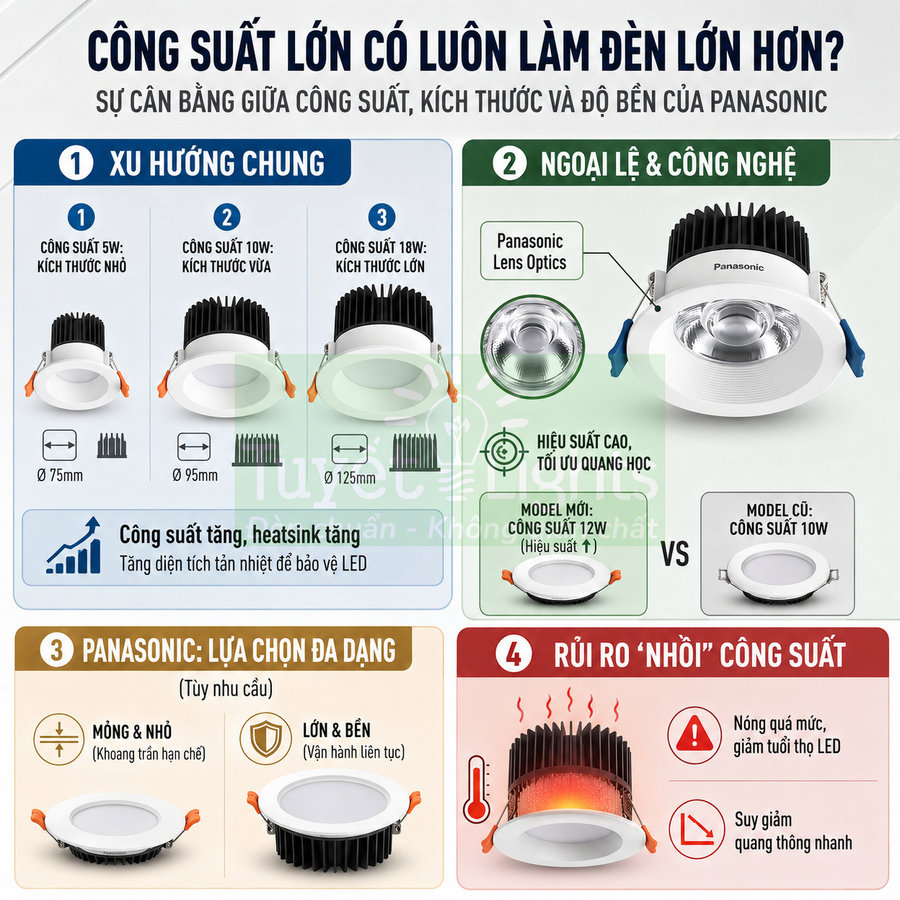 Đèn LED âm trần Panasonic nhiều kích thước và công suất, so sánh hiệu suất và độ bền giữa các mẫu khác nhau