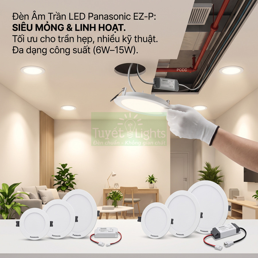 Đèn âm trần LED Panasonic EZ-P siêu mỏng nhiều kích thước, lắp đặt trong phòng khách hiện đại