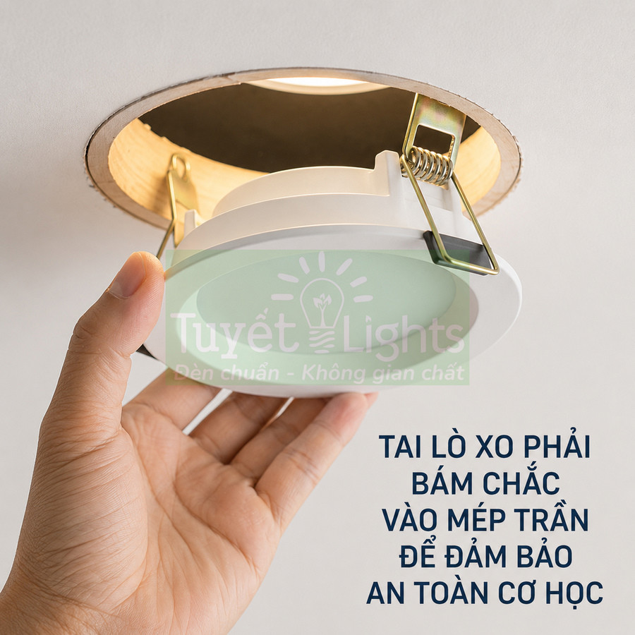 Lắp đặt đèn âm trần Tuyết Lights với tai lò xo bám chắc vào mép trần đảm bảo an toàn
