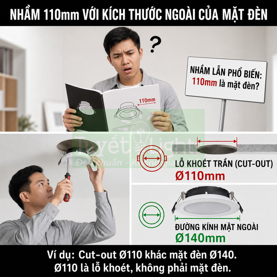 Hướng dẫn phân biệt kích thước lỗ khoét trần 110mm và đường kính mặt ngoài đèn downlight 140mm