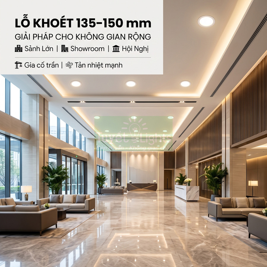 Đèn âm trần lỗ khoét 135 150 mm chiếu sáng sảnh lớn hiện đại với trần cao và nội thất sang trọng