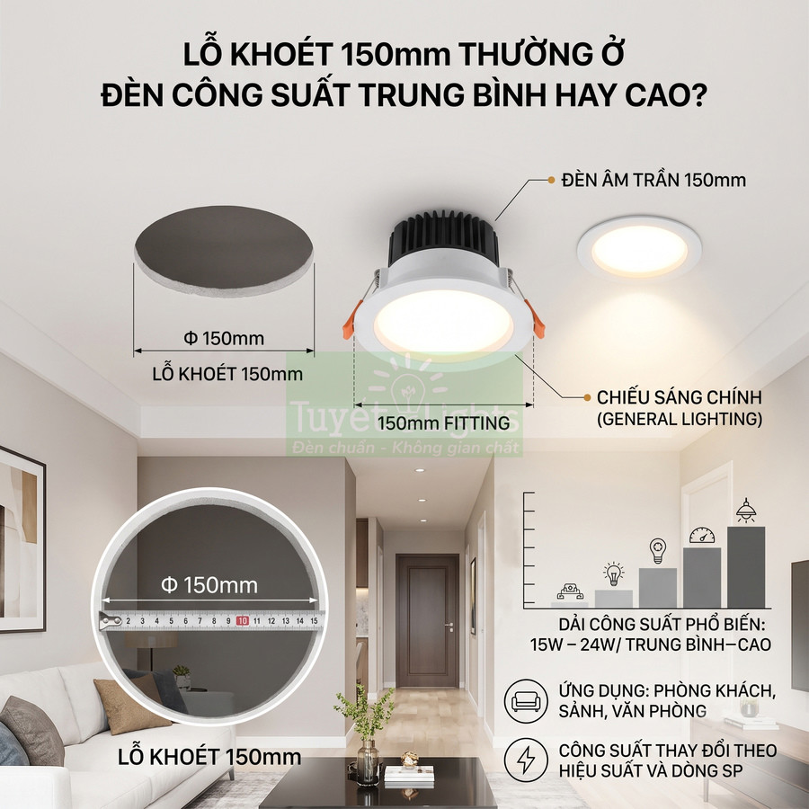 Đèn âm trần tròn lỗ khoét 150mm chiếu sáng phòng khách, công suất trung bình đến cao