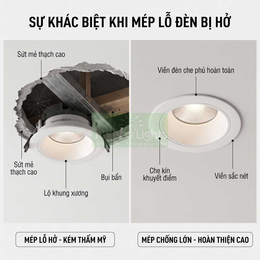 So sánh đèn downlight âm trần mép lỗ hở kém thẩm mỹ và đèn viền kín che khuyết điểm trần nhà