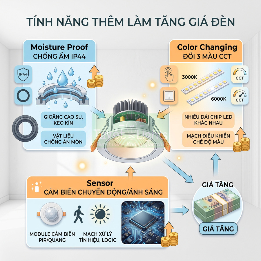 Đèn downlight âm trần chống ẩm IP44, đổi 3 màu CCT, tích hợp cảm biến chuyển động và ánh sáng