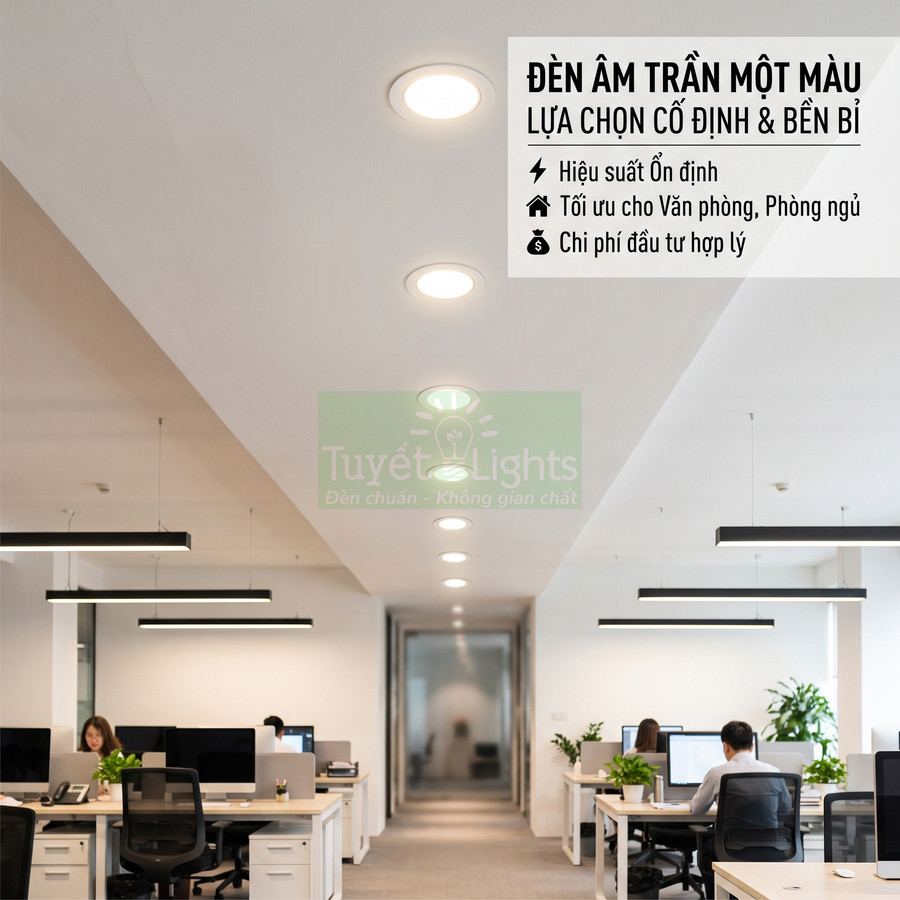 Đèn âm trần một màu Tuyết Lights chiếu sáng văn phòng hiện đại, ánh sáng ổn định và tiết kiệm chi phí