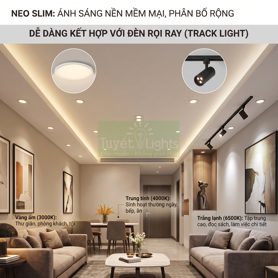 Đèn LED âm trần và đèn rọi ray Tuyết Lights chiếu sáng phòng khách hiện đại với ba tông màu ánh sáng