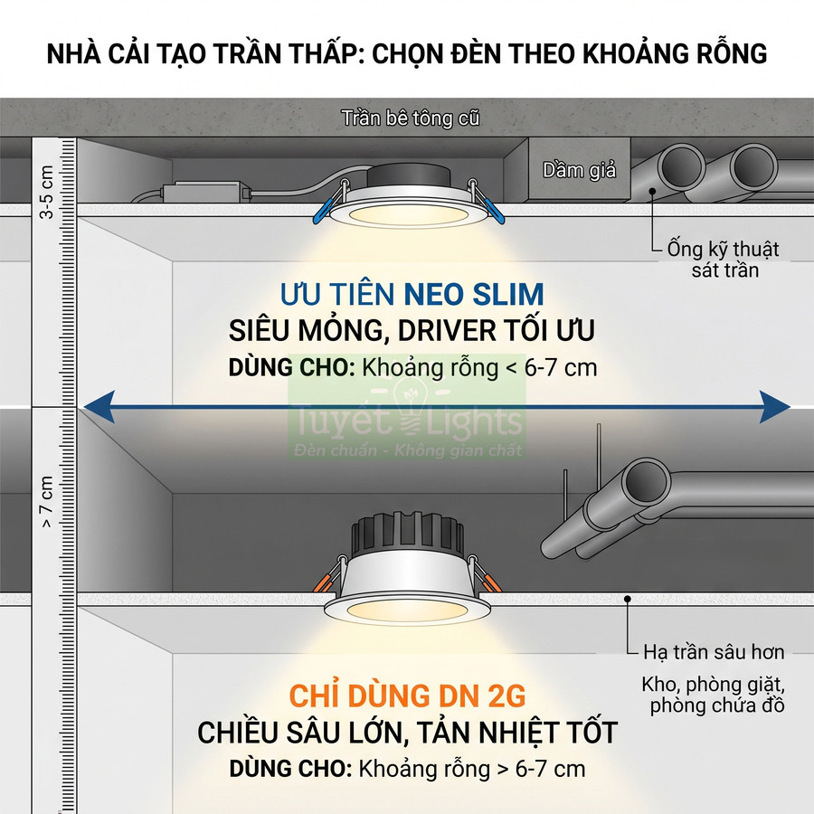 So sánh đèn âm trần Neo Slim siêu mỏng và đèn DN 2G cho trần bê tông khoảng rỗng khác nhau