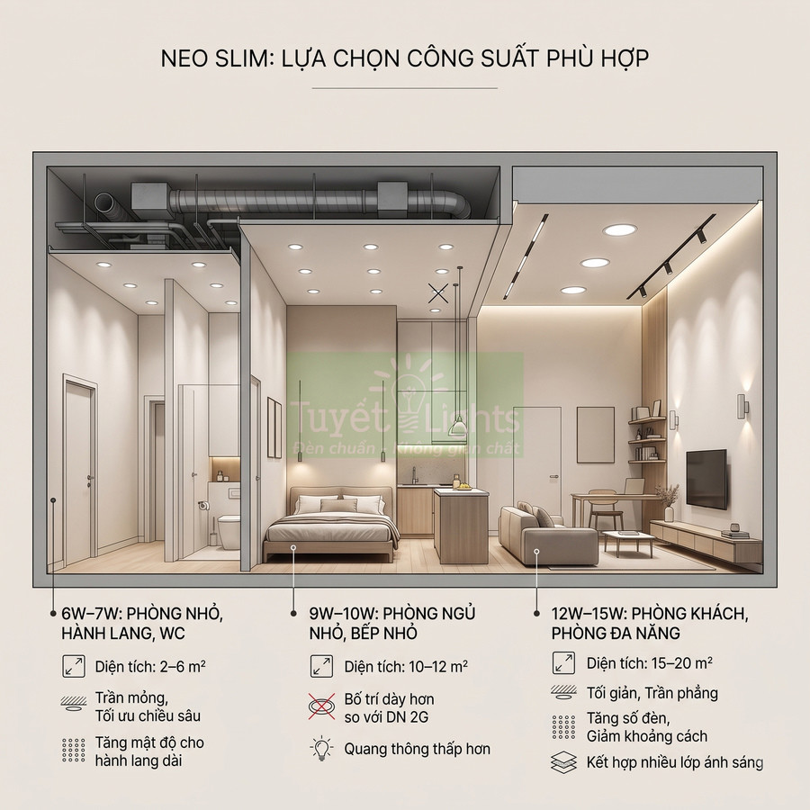 Sơ đồ bố trí đèn âm trần Neo Slim Tuyết Lights cho phòng ngủ, phòng khách và các không gian nhỏ trong căn hộ