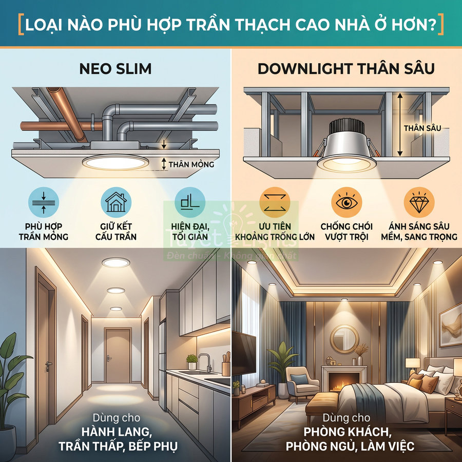 So sánh đèn âm trần Neo Slim thân mỏng và downlight thân sâu cho trần thạch cao nhà ở