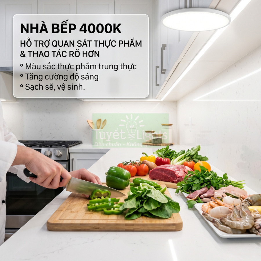 Đèn LED Tuyết Lights 4000K chiếu sáng nhà bếp, hỗ trợ chế biến thực phẩm rõ màu và sạch sẽ
