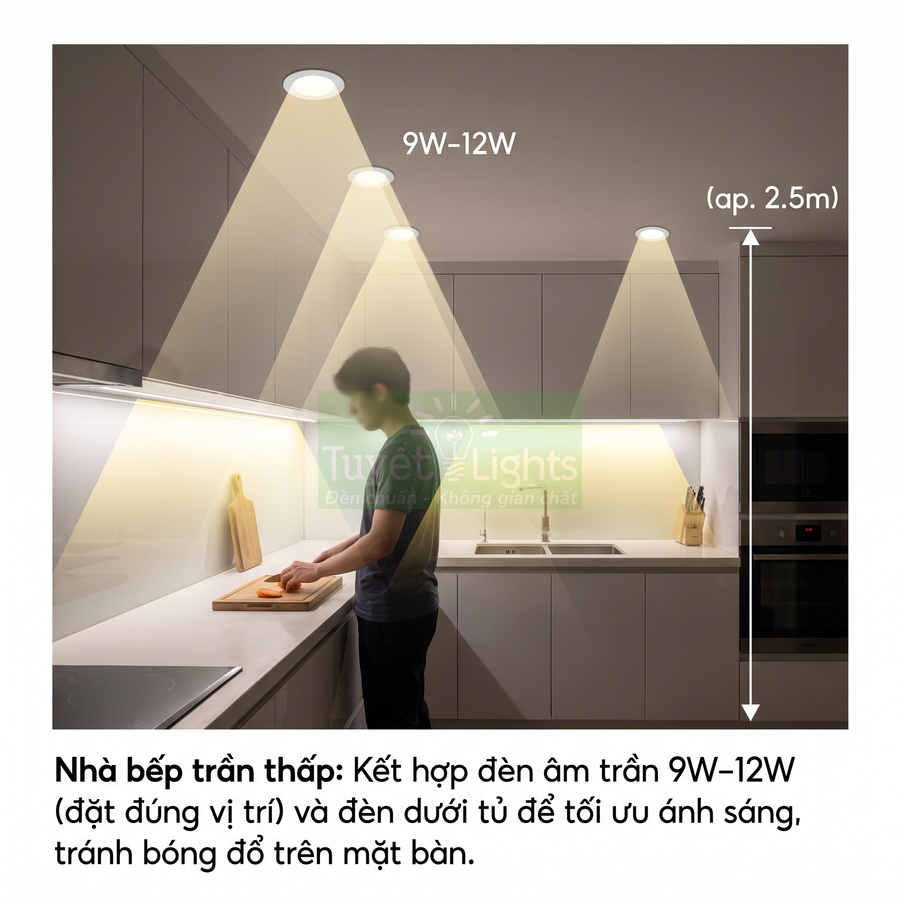 Đèn âm trần 9W 12W chiếu sáng nhà bếp trần thấp kết hợp đèn dưới tủ tối ưu ánh sáng mặt bàn