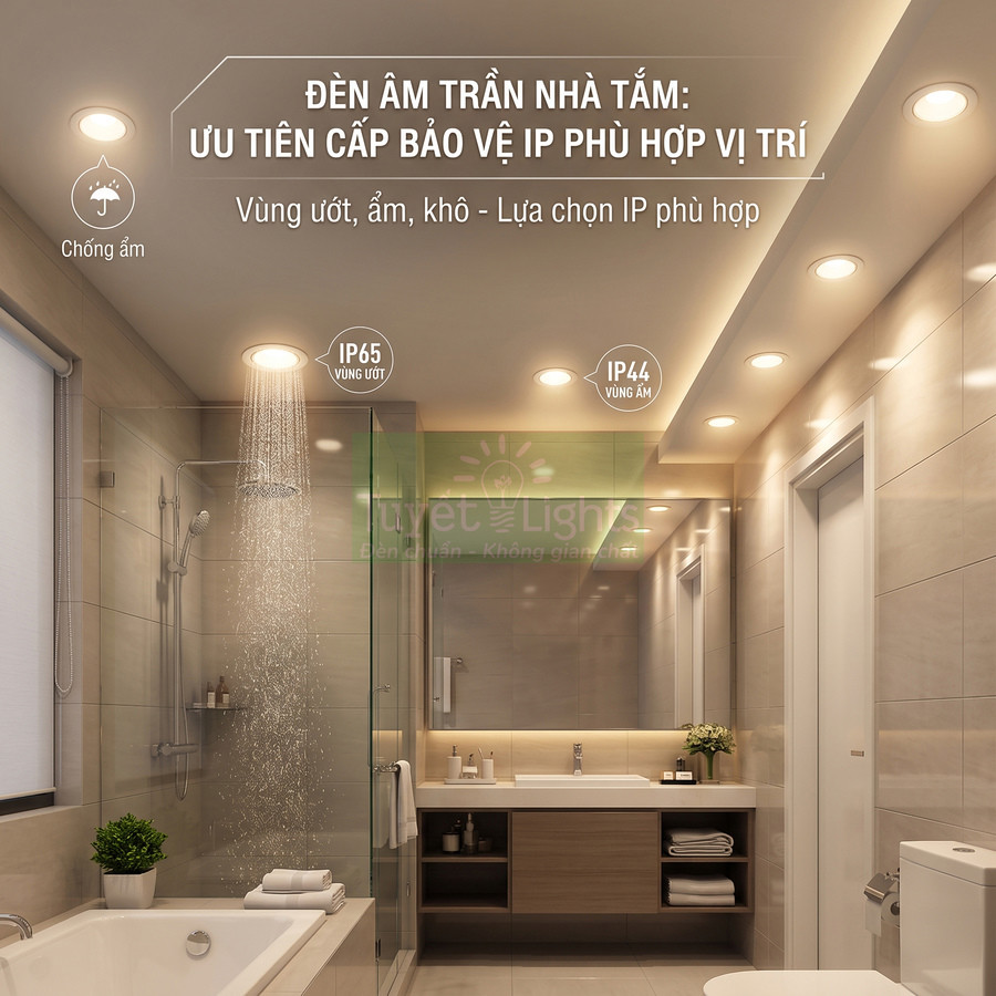 Đèn âm trần chống ẩm IP44 IP65 lắp trong phòng tắm hiện đại với khu vực tắm kính và bồn tắm
