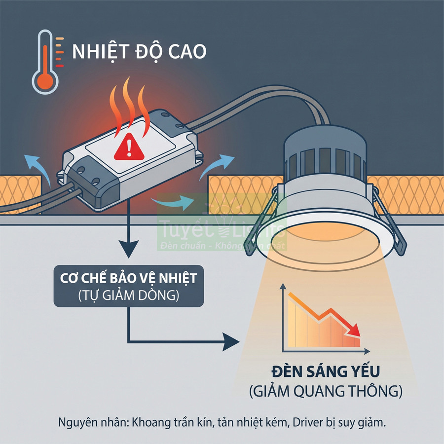 Đèn led âm trần và driver bị nóng, cơ chế bảo vệ nhiệt làm giảm dòng khiến đèn sáng yếu