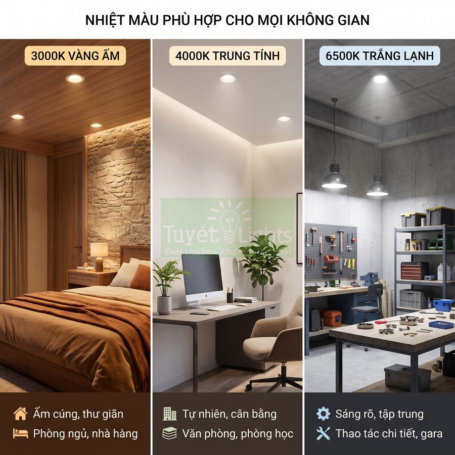 So sánh nhiệt màu đèn LED 3000K, 4000K, 6500K cho phòng ngủ, văn phòng và gara làm việc