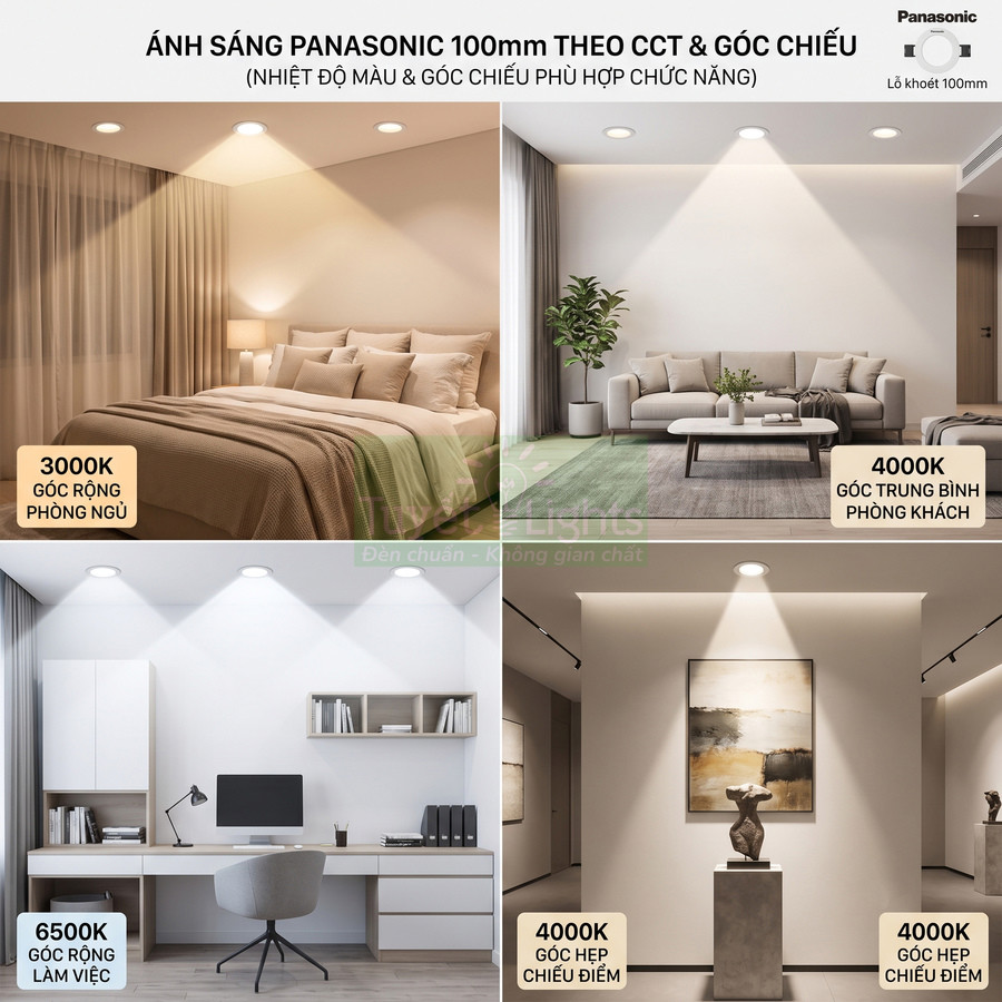 Đèn downlight Panasonic 100mm chiếu sáng phòng ngủ, phòng khách, phòng làm việc và chiếu điểm với các mức nhiệt màu khác nhau