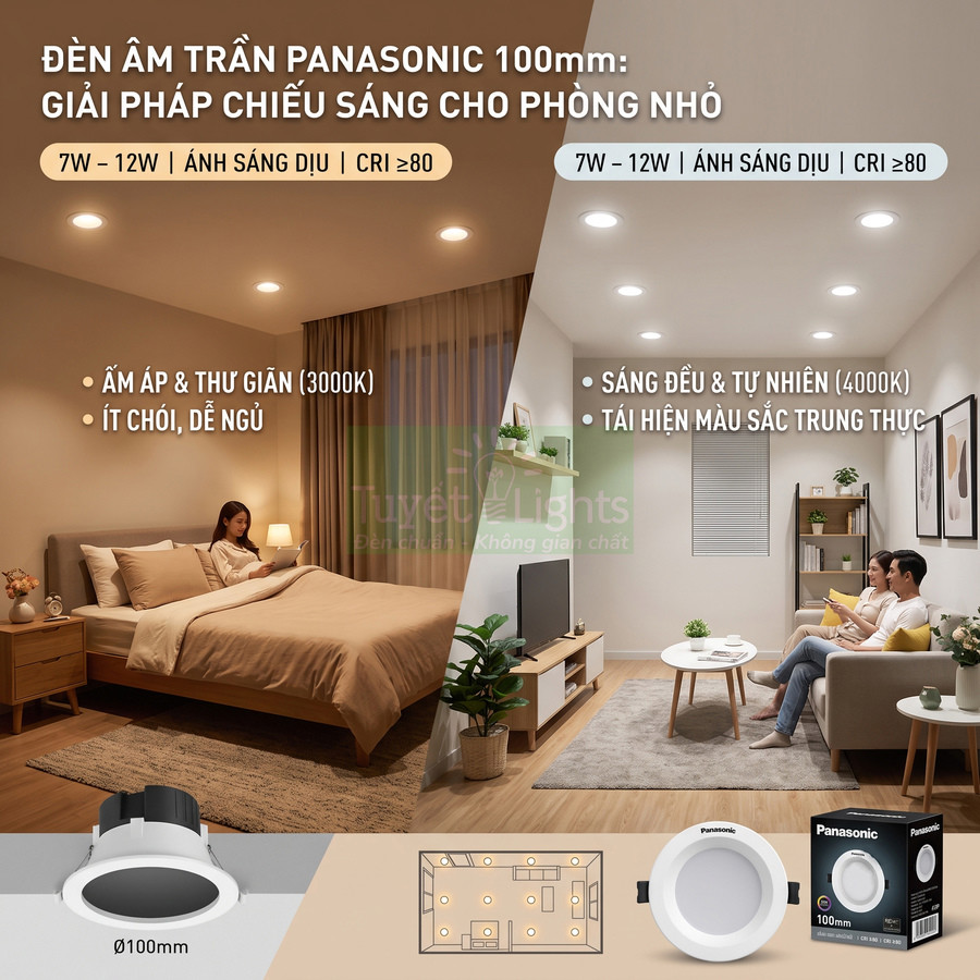 Đèn âm trần Panasonic 100mm chiếu sáng dịu cho phòng ngủ và phòng khách nhỏ, ánh sáng 3000K và 4000K