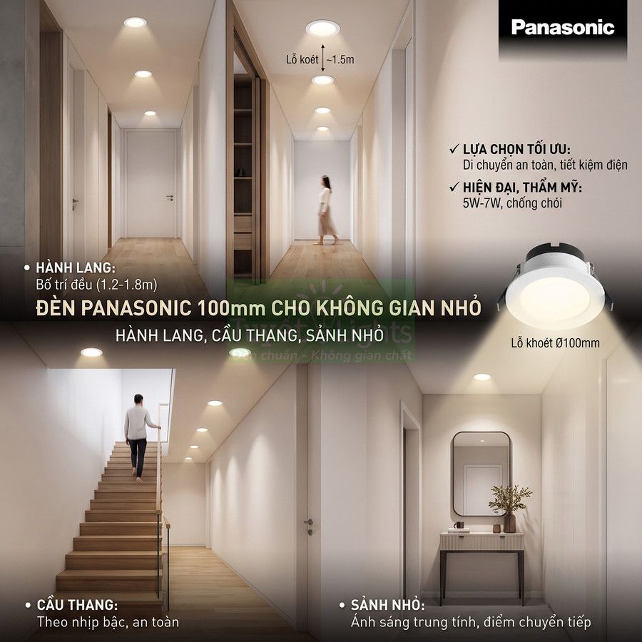 Đèn âm trần Panasonic 100mm chiếu sáng hành lang, cầu thang và sảnh nhỏ trong không gian hiện đại