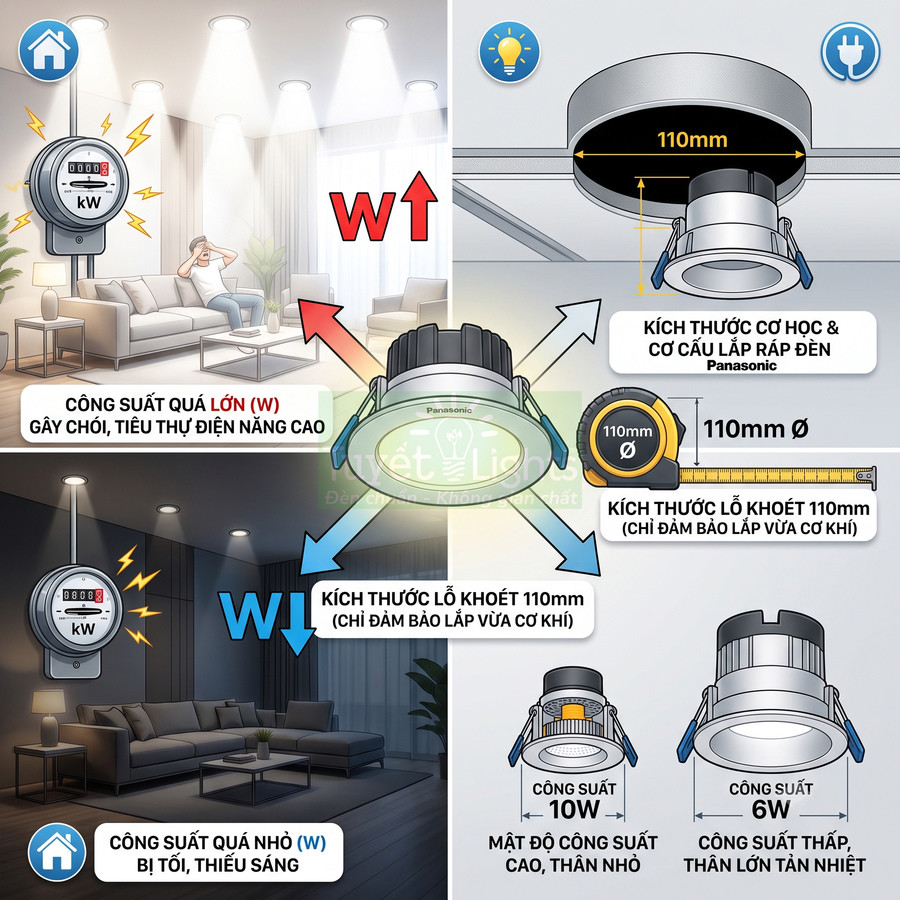 Đèn downlight âm trần Panasonic 110mm, so sánh công suất 6W và 10W, minh họa độ sáng và tiêu thụ điện