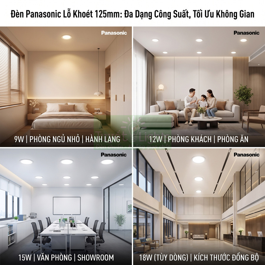 Đèn âm trần Panasonic lỗ khoét 125mm nhiều công suất cho phòng ngủ, phòng khách, văn phòng và sảnh lớn