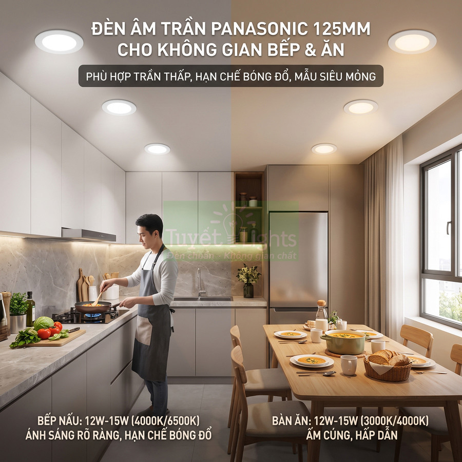 Đèn âm trần Panasonic 125mm chiếu sáng không gian bếp và bàn ăn hiện đại, ánh sáng rõ ràng và ấm cúng