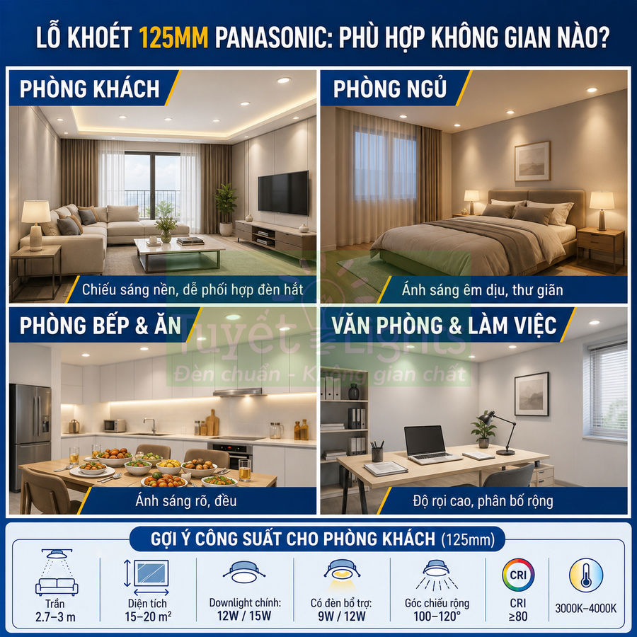 Đèn downlight âm trần Panasonic lỗ khoét 125mm chiếu sáng phòng khách, ngủ, bếp và văn phòng