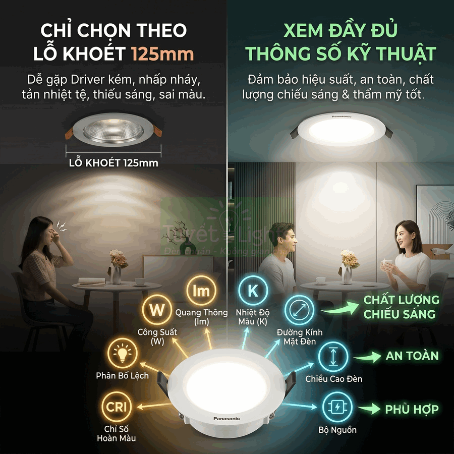 Đèn led âm trần Panasonic tròn màu trắng, hiển thị các thông số kỹ thuật và lợi ích chiếu sáng an toàn