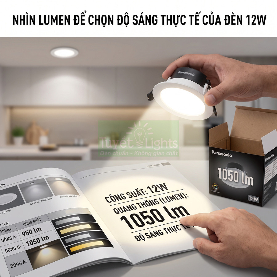 Đèn downlight Panasonic 12W 1050 lumen kèm hộp sản phẩm và catalog thông số kỹ thuật