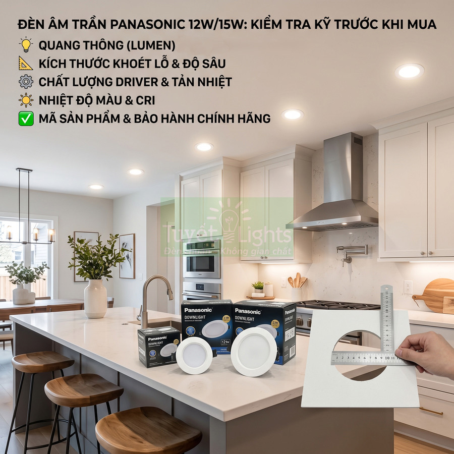 Đèn âm trần Panasonic downlight 12W 15W lắp trong bếp hiện đại, hộp sản phẩm đặt trên bàn bếp