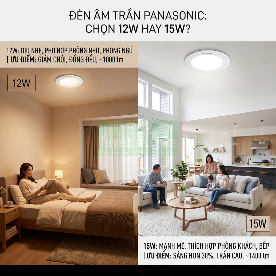 Đèn âm trần Panasonic 12W và 15W loại nào phù hợp hơn?