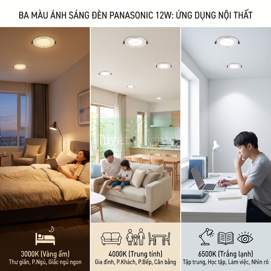 Ba màu ánh sáng đèn âm trần Panasonic 12W cho phòng ngủ, phòng khách, bếp và góc học tập làm việc