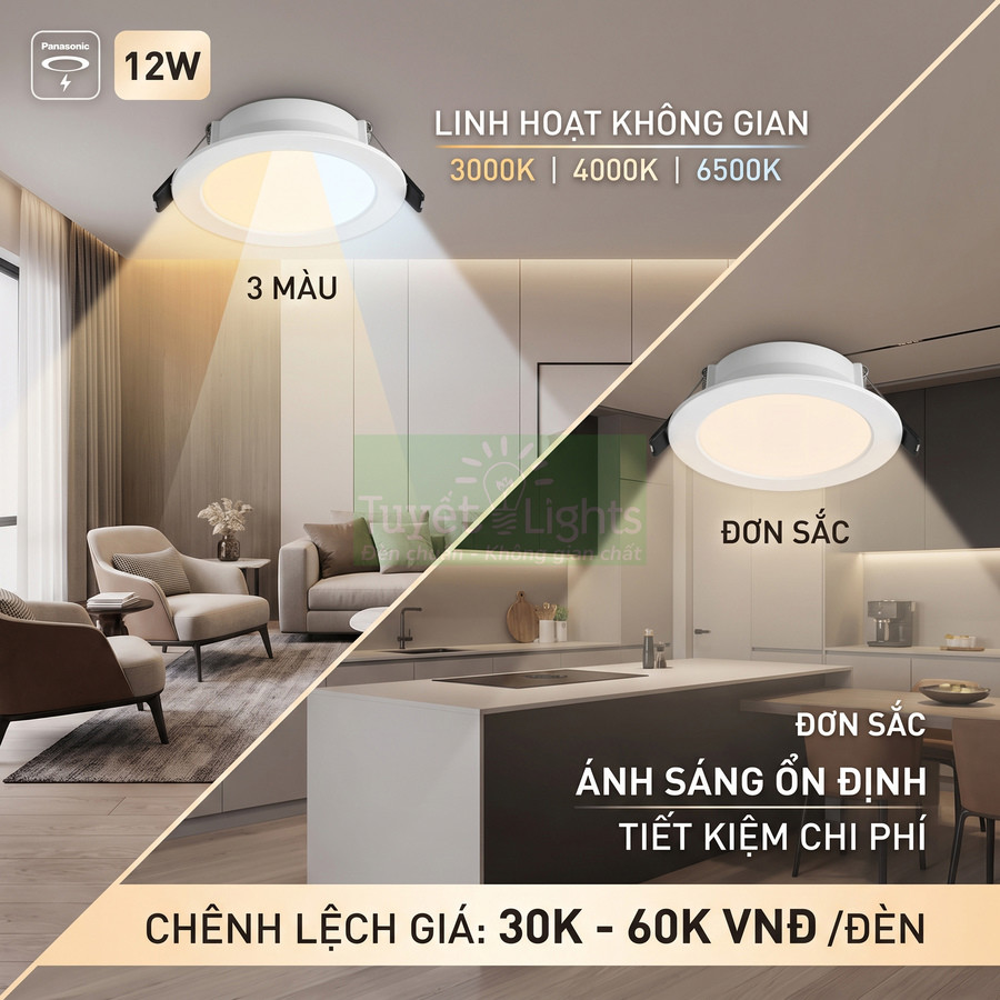 Đèn downlight Panasonic 12W 3 màu và đơn sắc chiếu sáng phòng khách và bếp hiện đại