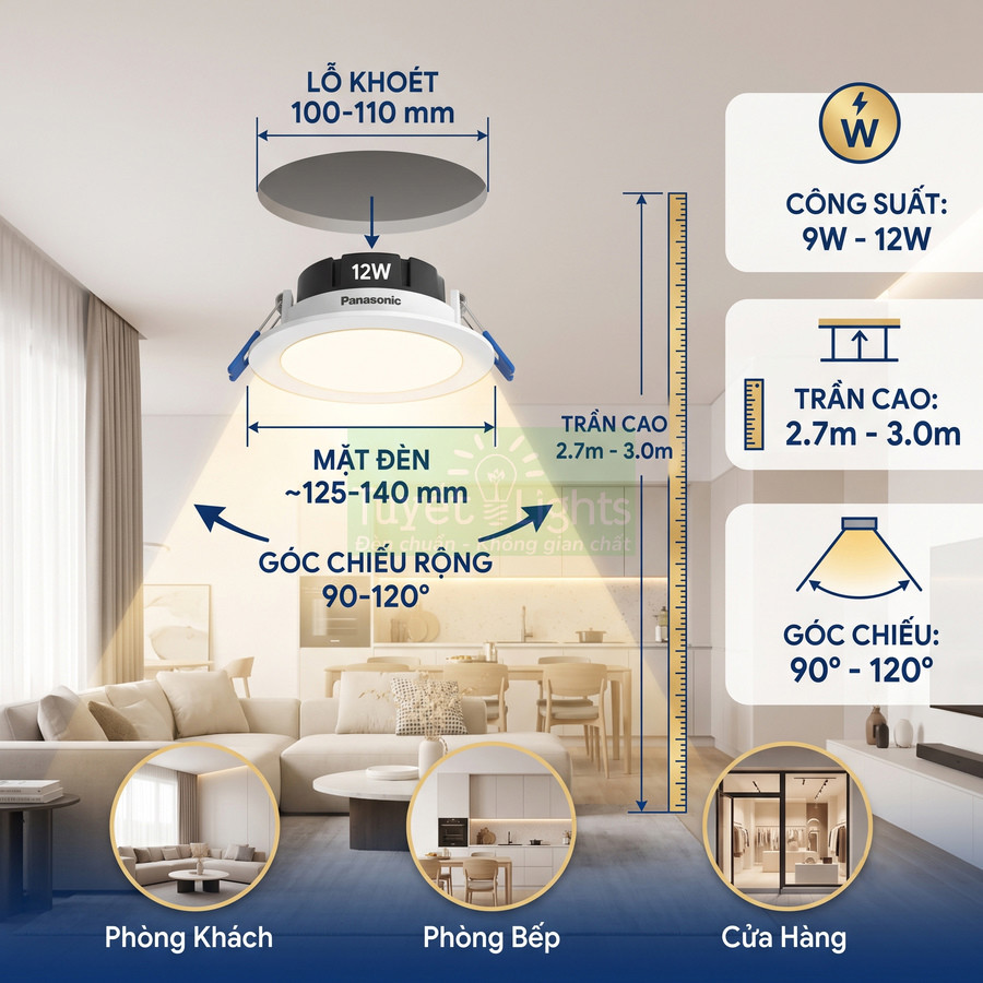 Đèn downlight âm trần Panasonic 12W chiếu sáng phòng khách, bếp và cửa hàng với góc chiếu rộng 90 120 độ