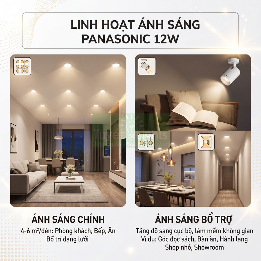 Đèn LED âm trần Panasonic 12W chiếu sáng phòng khách, phòng ăn và góc đọc sách hiện đại