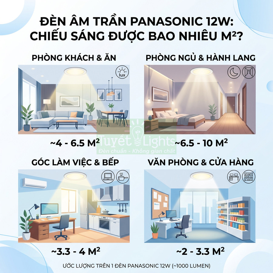 Infographic diện tích chiếu sáng của đèn âm trần Panasonic 12W cho phòng khách, ngủ, bếp, văn phòng và cửa hàng