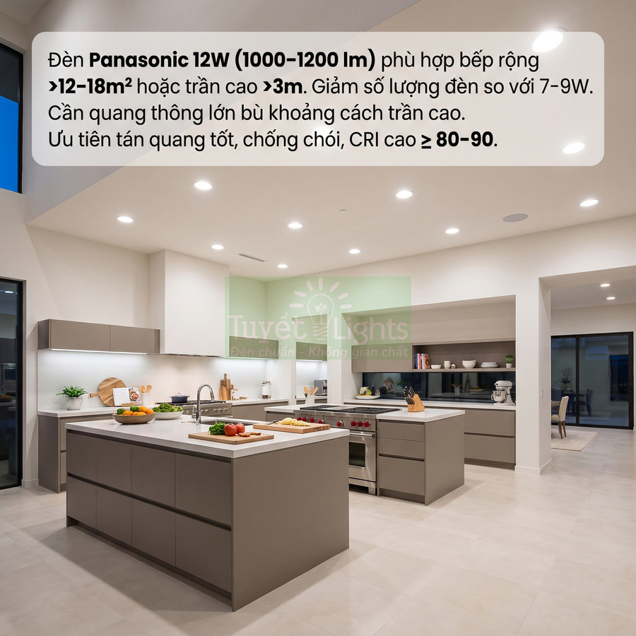 Đèn âm trần Panasonic 12W chiếu sáng bếp rộng hiện đại với nhiều đèn led lắp trên trần trắng