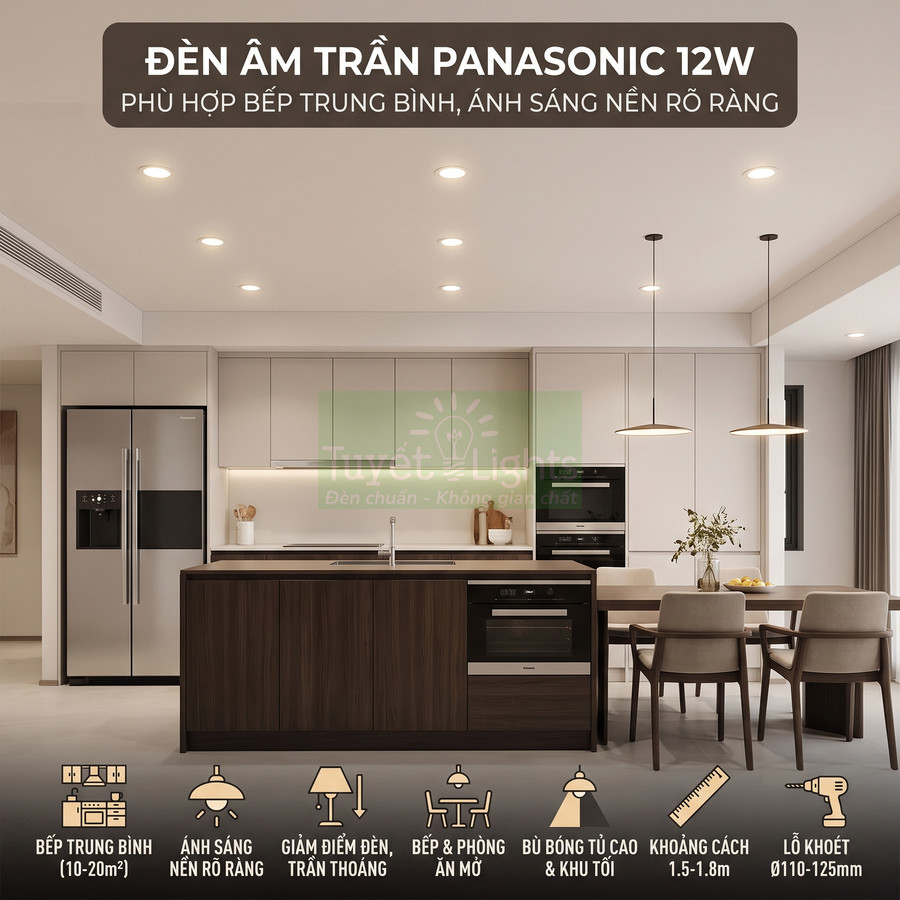Đèn âm trần Panasonic 12W chiếu sáng bếp hiện đại với đảo bếp và bàn ăn gỗ