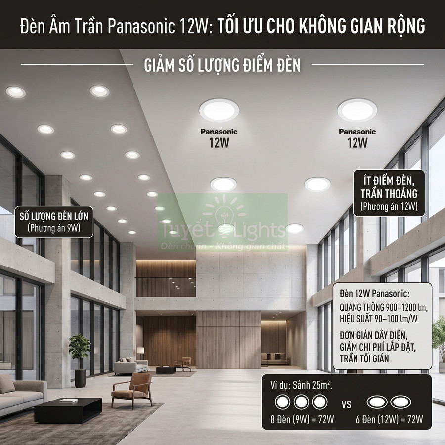 Đèn âm trần Panasonic 12W chiếu sáng sảnh rộng, trần cao với ít điểm đèn, không gian hiện đại thoáng đãng