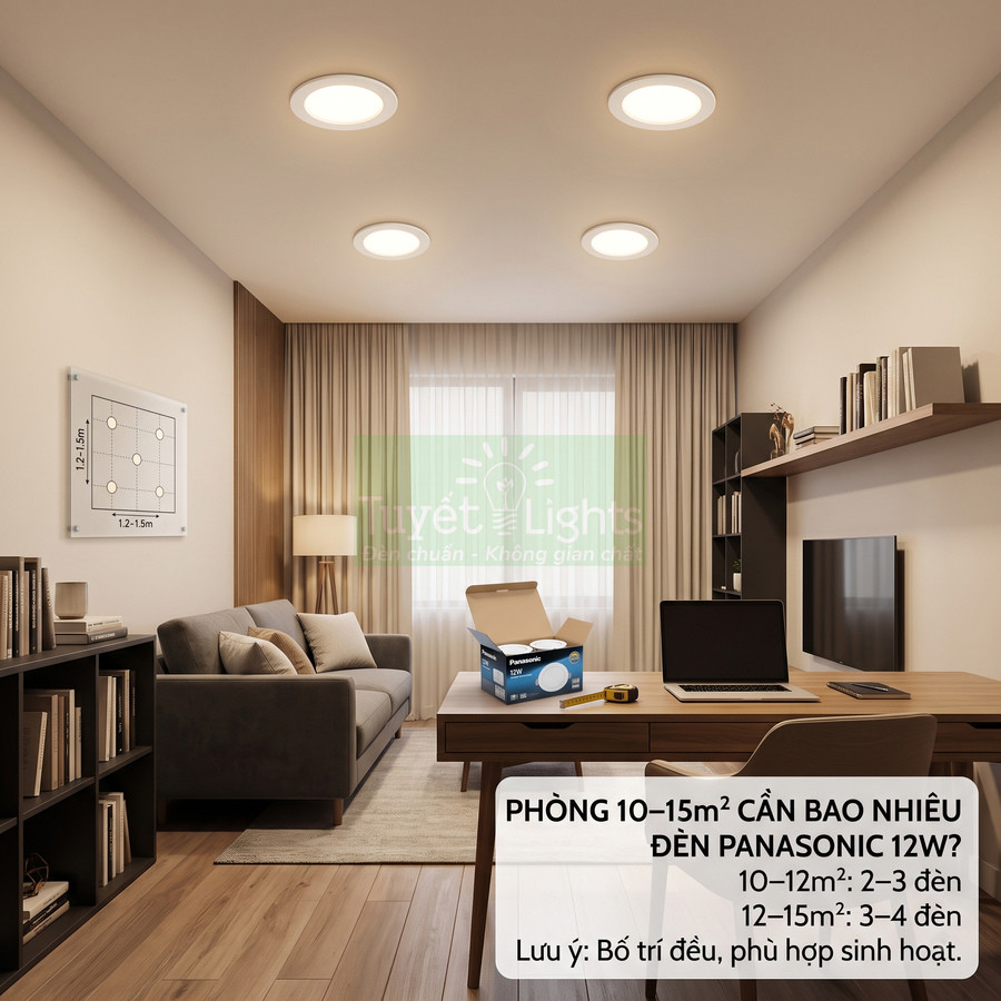 Đèn led âm trần Panasonic 12W lắp trong phòng khách làm việc hiện đại, hộp đèn đặt trên bàn gỗ